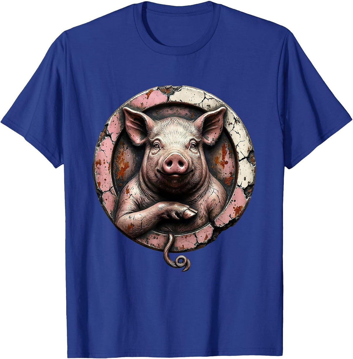 Men's Distressed Pig Badge Farm Animal Lover Humor T-Shirt - Royal Blue
