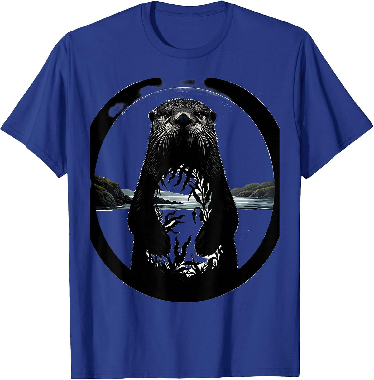 Men's Sealed Sea Otter Silhouette Forest Wildlife Portrait Art T-Shirt - Royal Blue