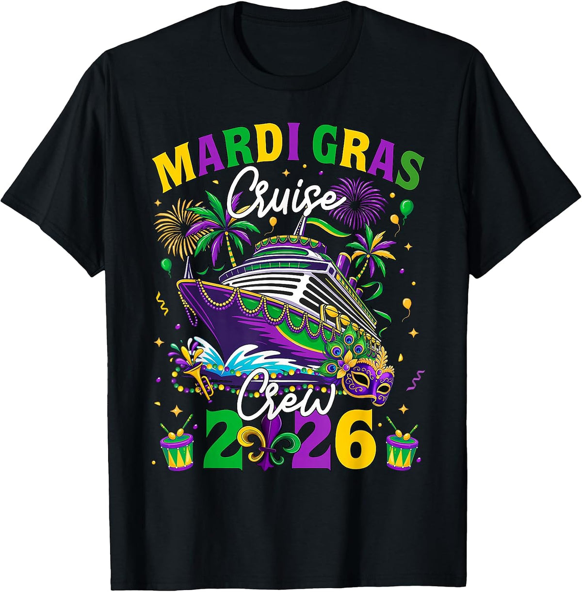 Mardi Gras Cruise Crew 2026 Trip New Orleans Family Matching T-Shirt, Men, Black, Small - As Pictured