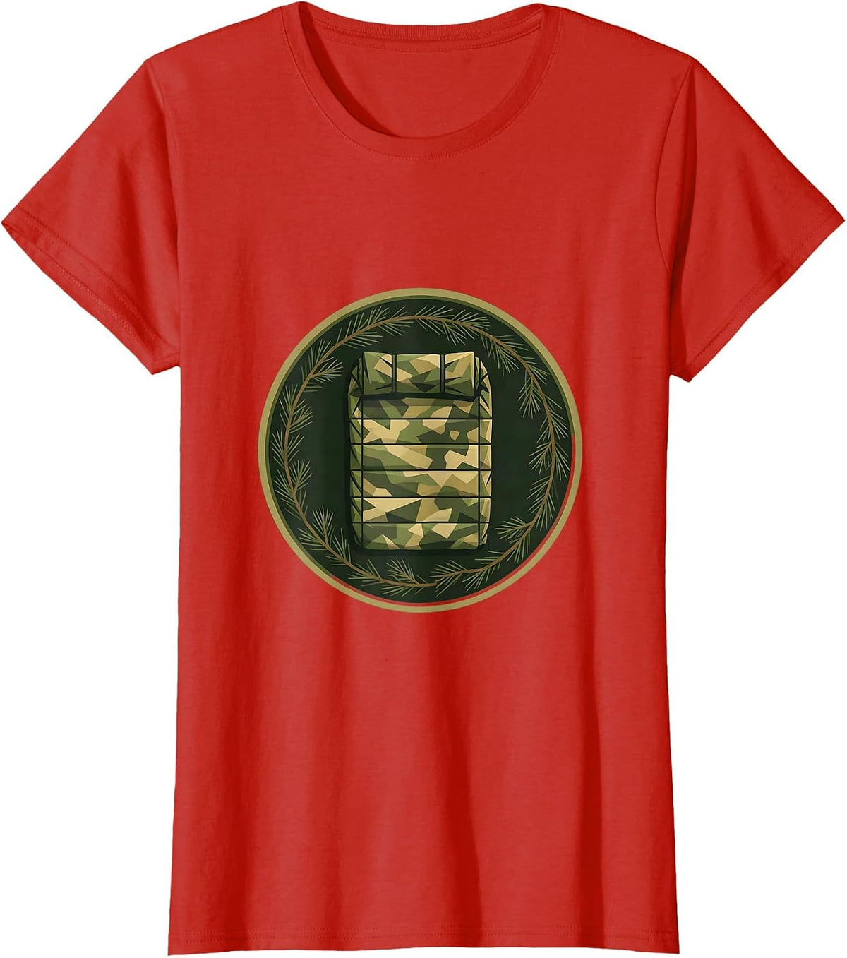 Camo Sleeping Bag on Pine Needles Illustration T-Shirt - Red