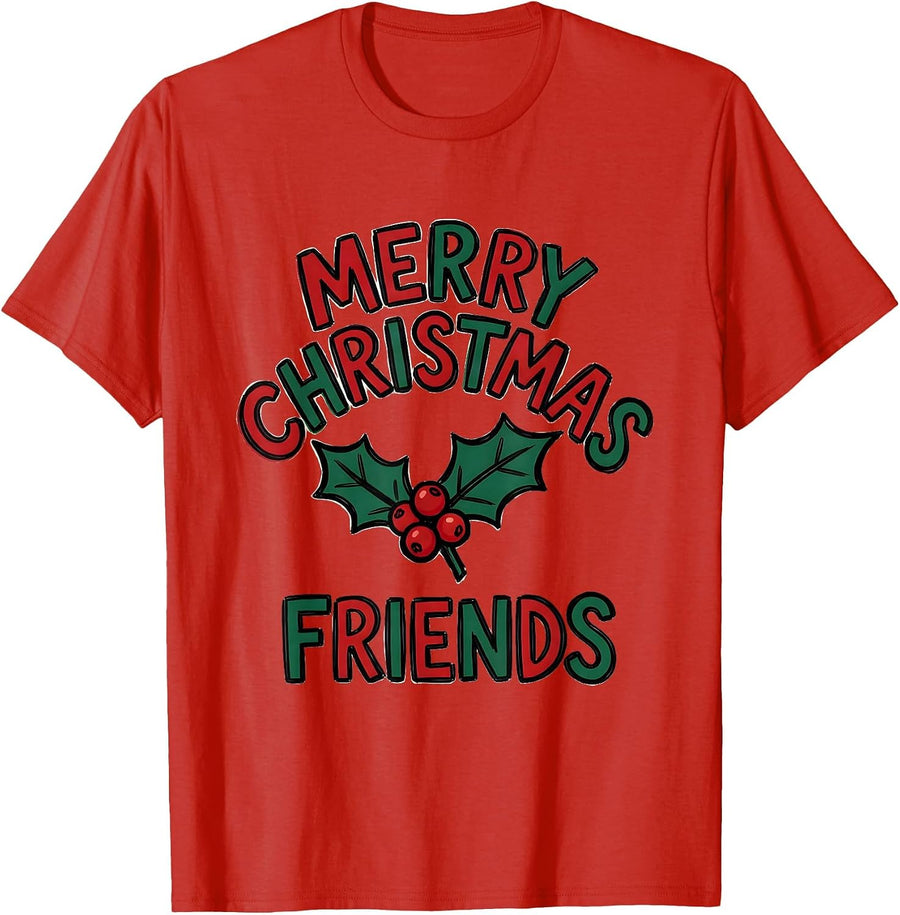 Men's Merry Christmas, Friends Playful Holiday Typography Family T-Shirt - Red