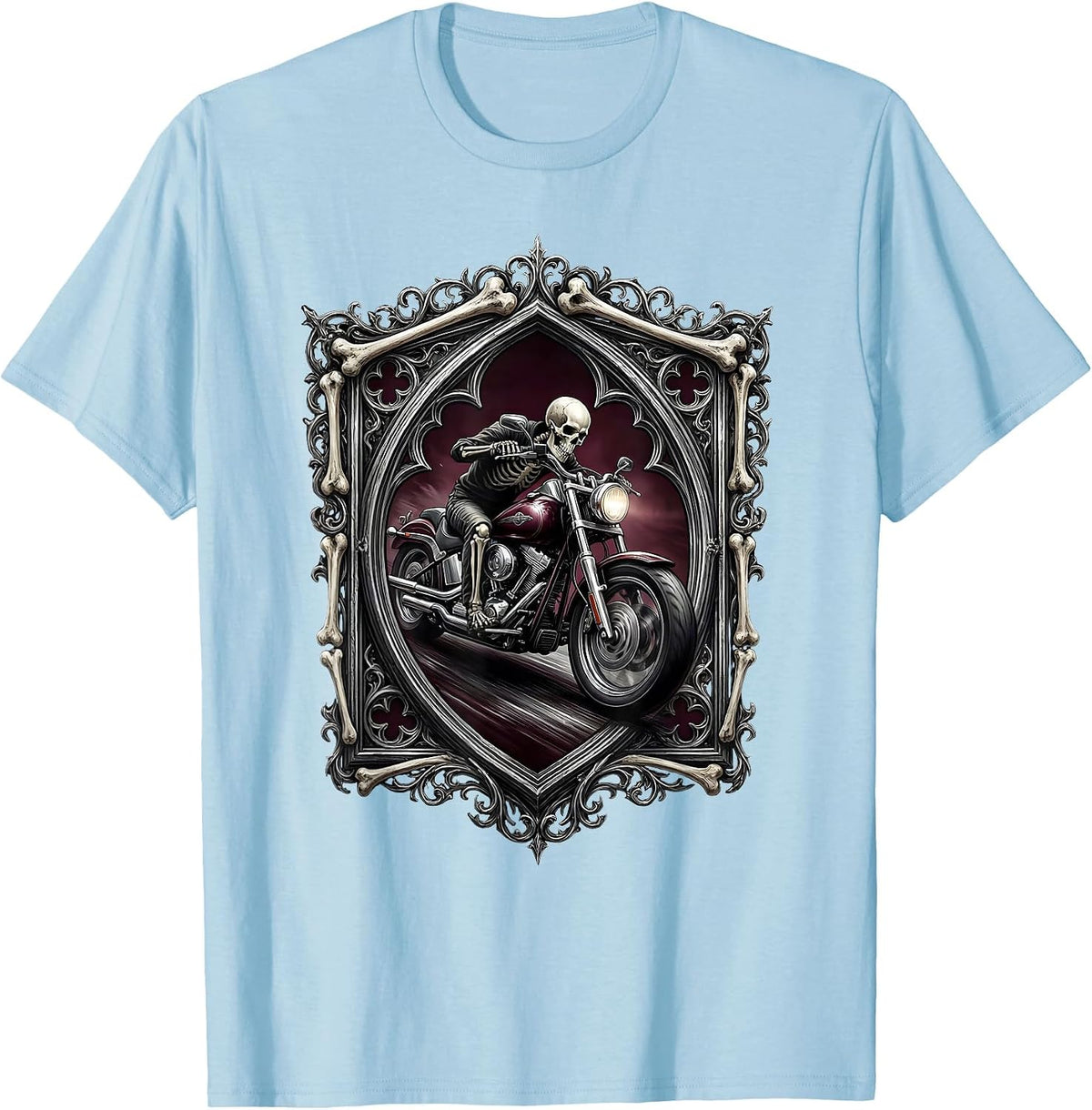Men's Skeleton Biker Leaning Into Curve Motorcycle Art T-Shirt - Baby Blue