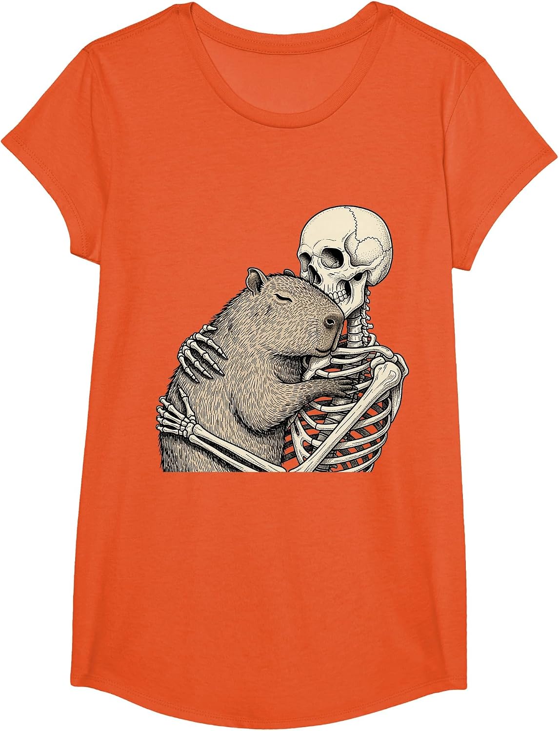 Skeleton Hugging Capybara Halloween Capy Lover Spooky Season T-Shirt - Girls Orange