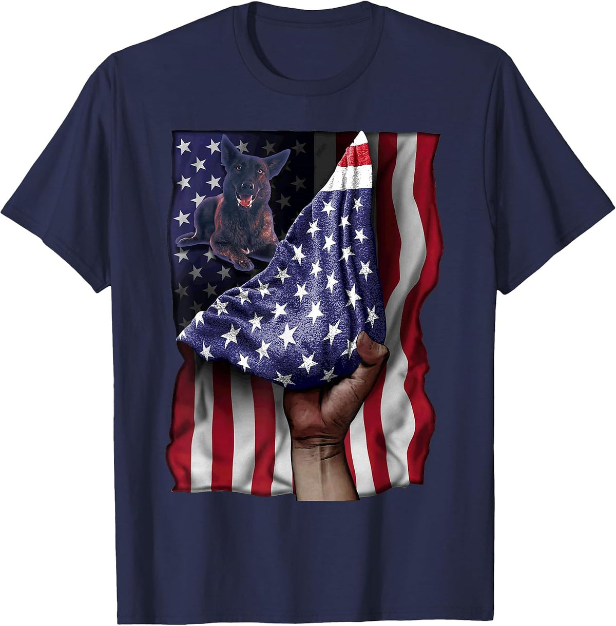 Day of Independence US Flag Dutch Shepherd T-Shirt - Navy Blue
