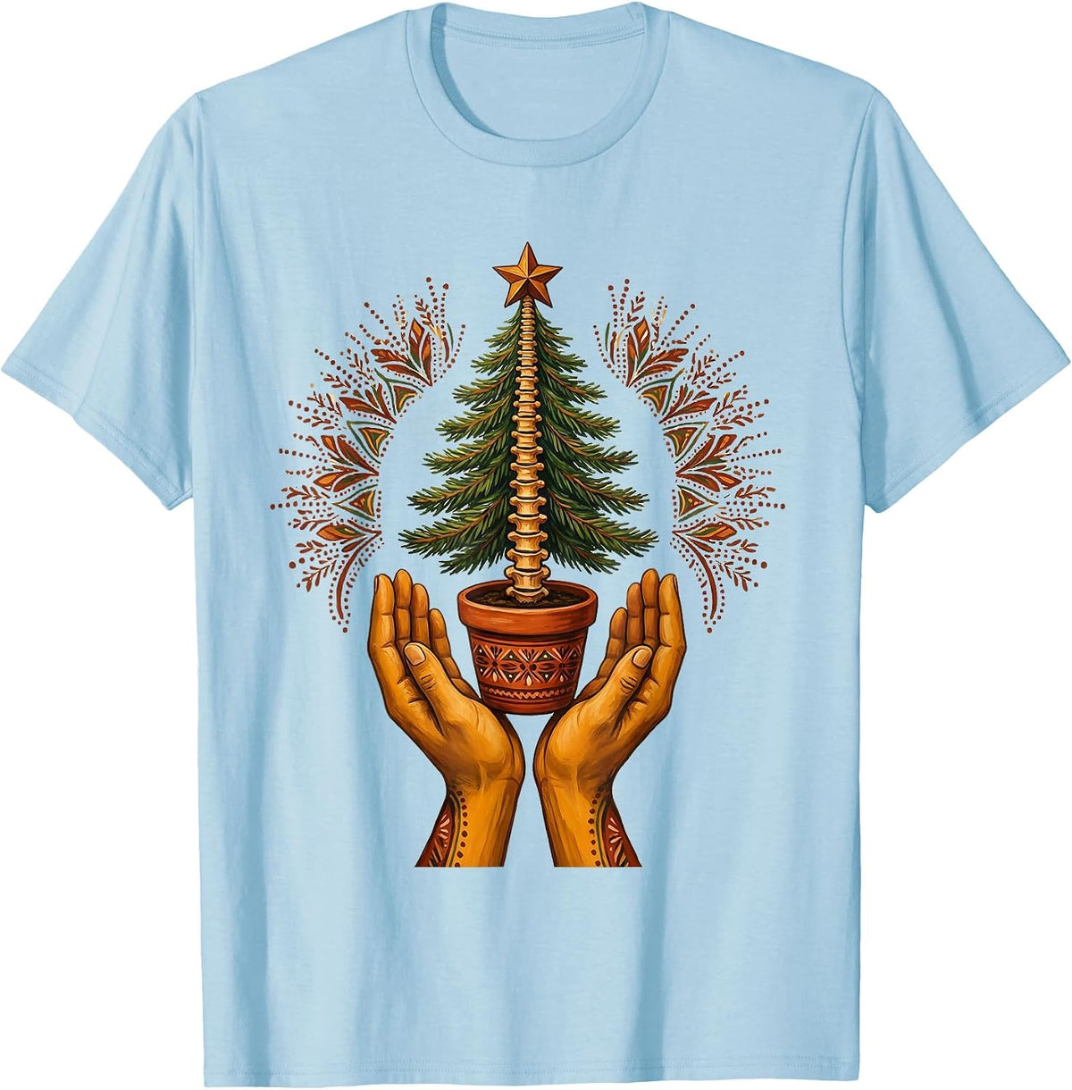 Men's Symmetrical Hands Offering Evergreen Folk Art Chiropractor T-Shirt - Baby Blue