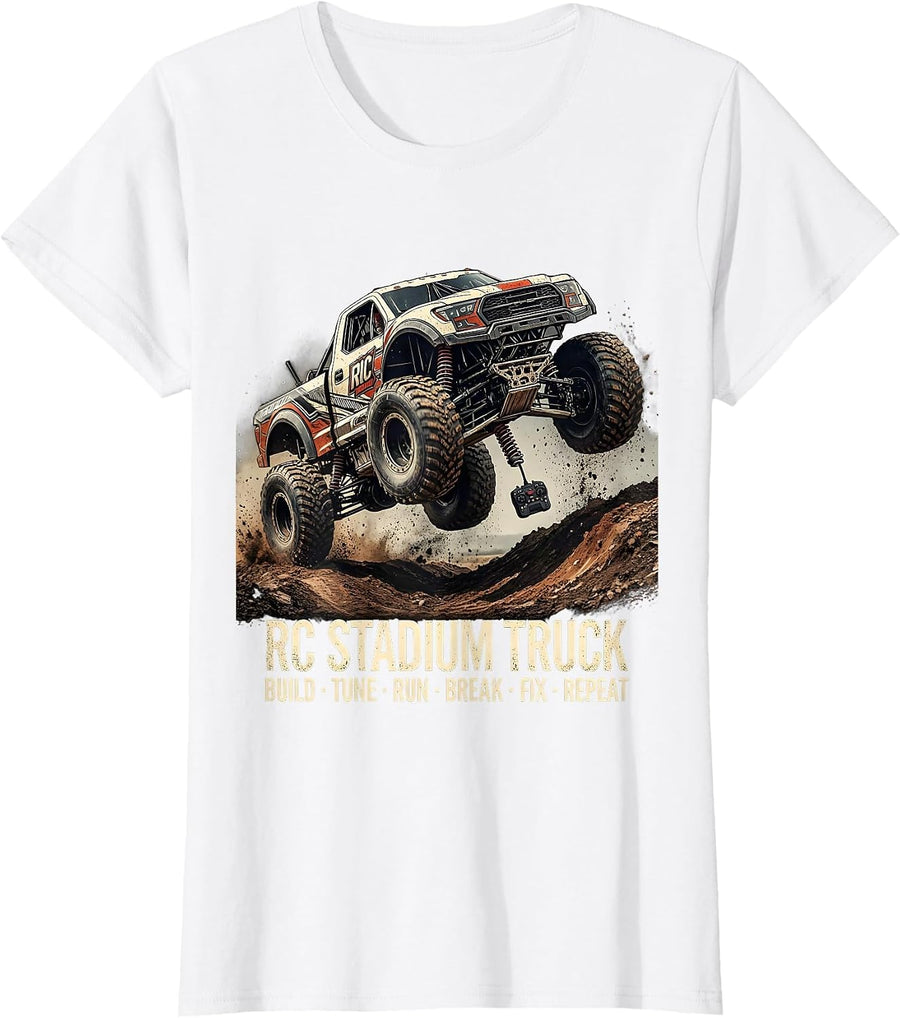 Women's RC Stadium Truck Build Tune Run Break Fix Repeat Distressed T-Shirt - White