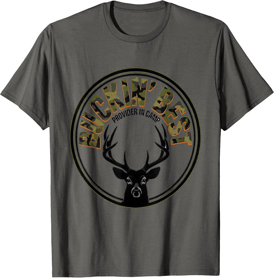 Buckin' Best Provider In Camp Funny Camo Deer Hunting Dad T-Shirt - Asphalt Grey