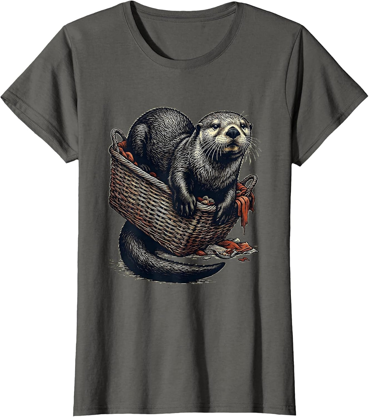 Women's Sea Otter Linocut Funny Otter Lover Gift T-Shirt - Asphalt Grey