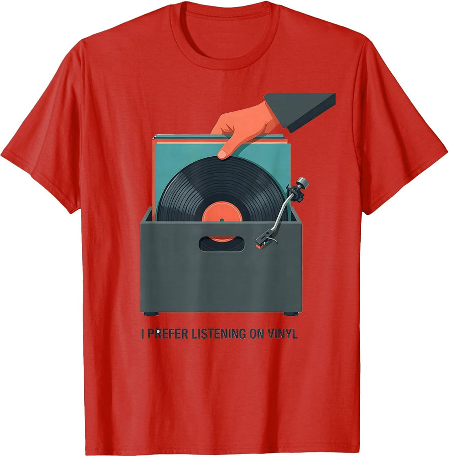 Men's I Prefer Listening On Vinyl Retro Vinyl Record Collector DJ T-Shirt - Red