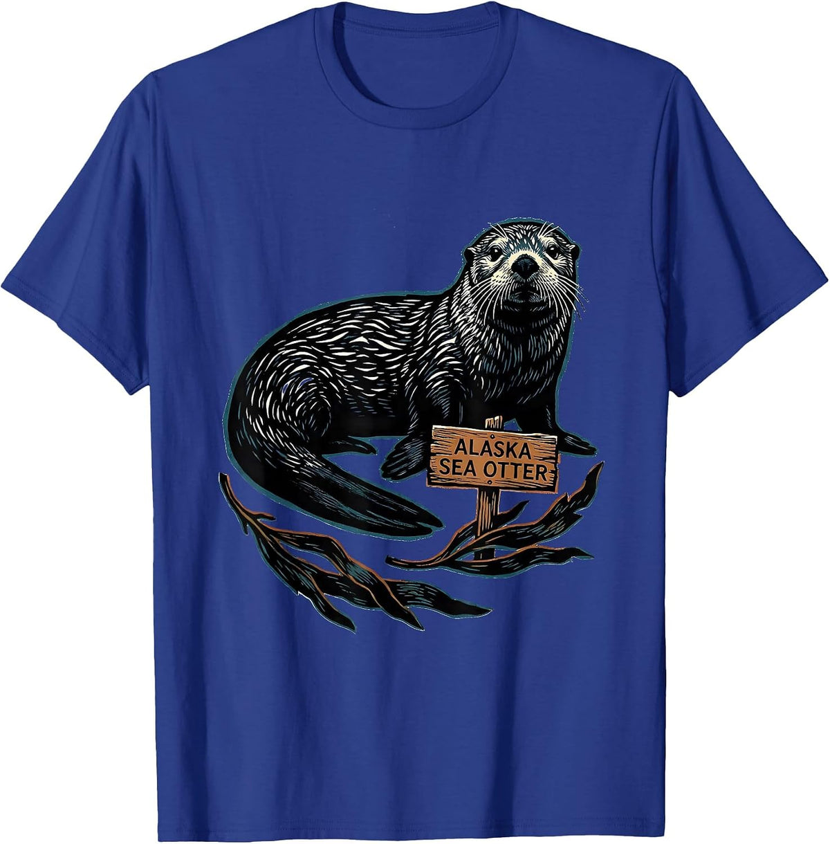 Men's Alaska Sea Otter Linocut Vintage State Pride Wildlife T-Shirt - Royal Blue