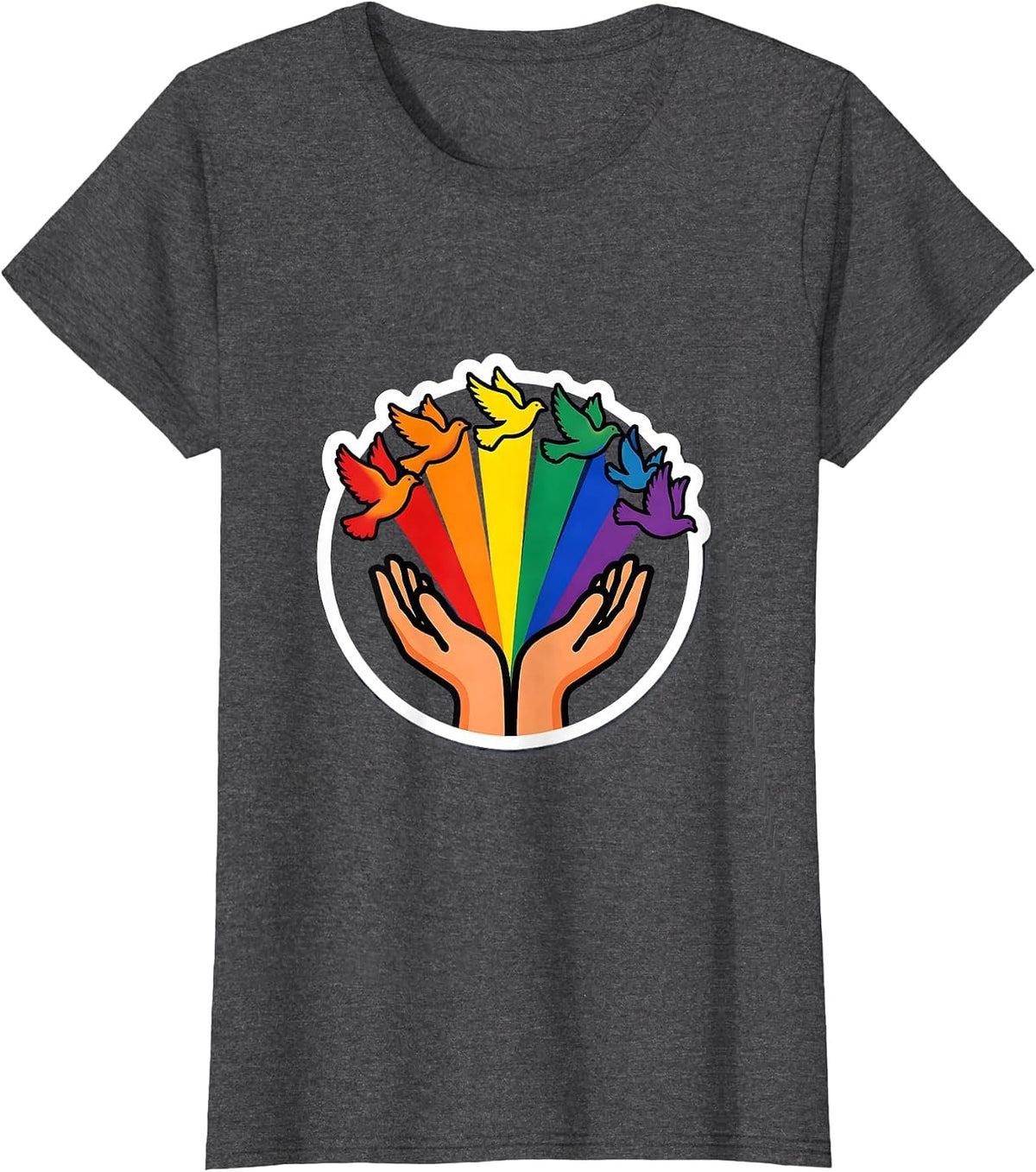 Women's Rainbow Doves Gay Pride Hands Release Illustration T-Shirt - Dark Heather Grey