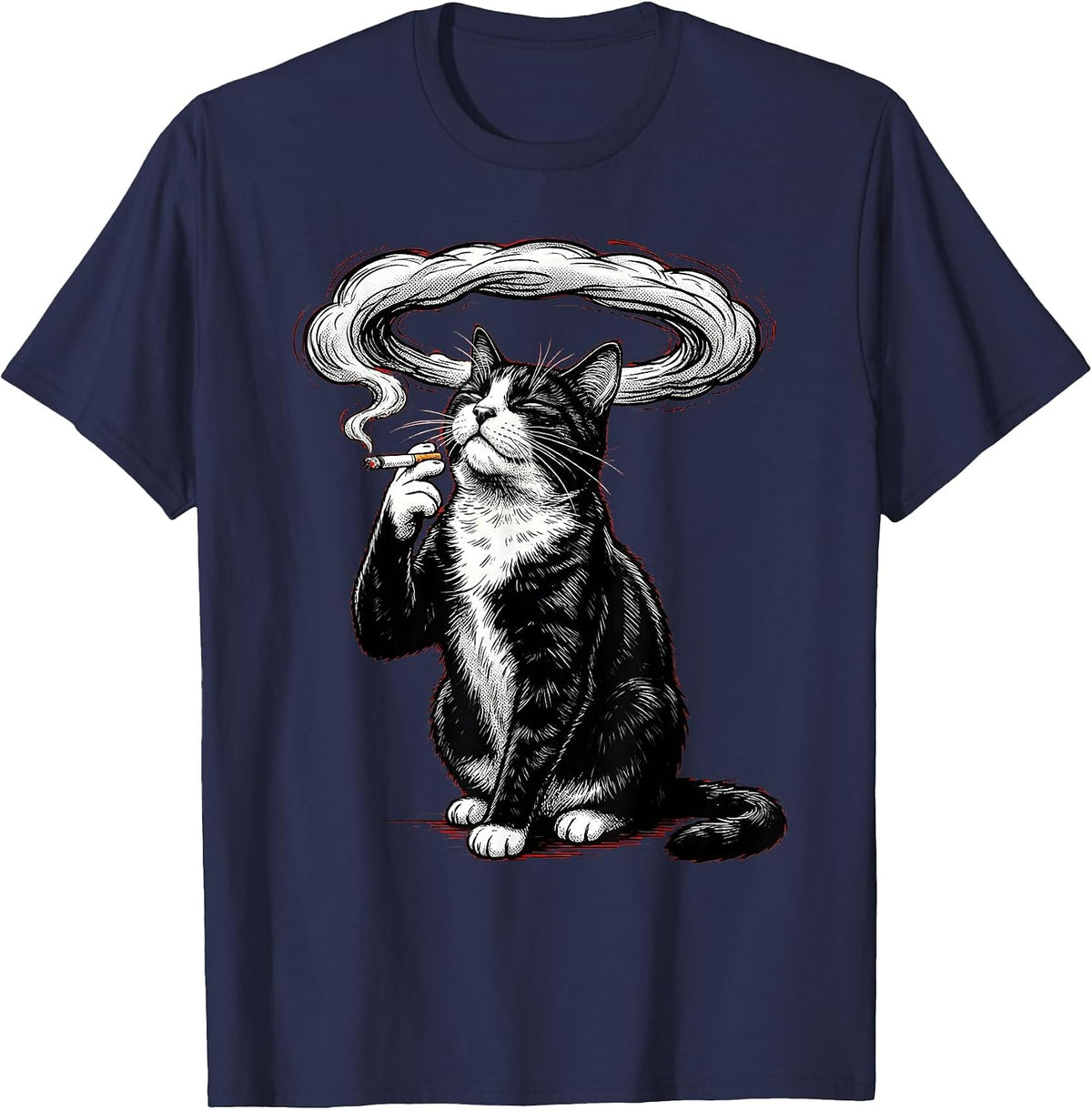 Men's Tuxedo Cat Smoking Dramatic Smoke Ring Art T-Shirt - Navy Blue