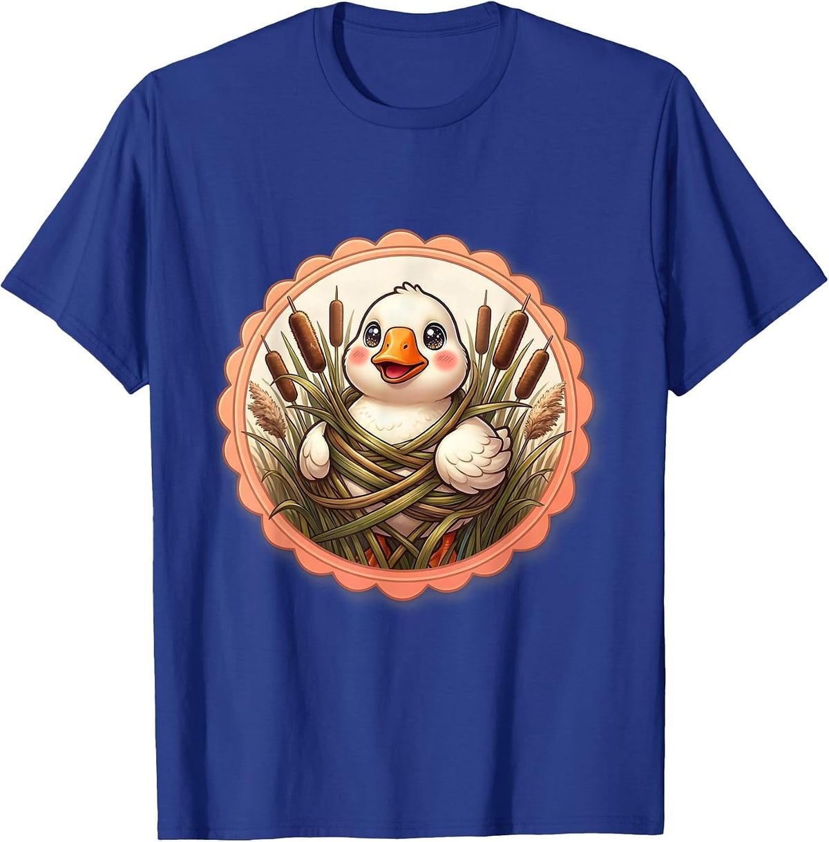 Goose Tangled in Cattails Sunset Nature Art T-Shirt - Royal Blue