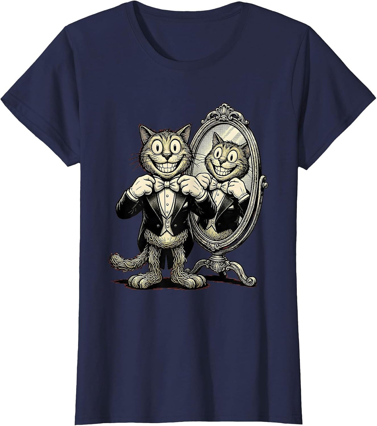 Women's Dapper Cat Adjusting Bow Tie in Mirror T-Shirt - Navy Blue