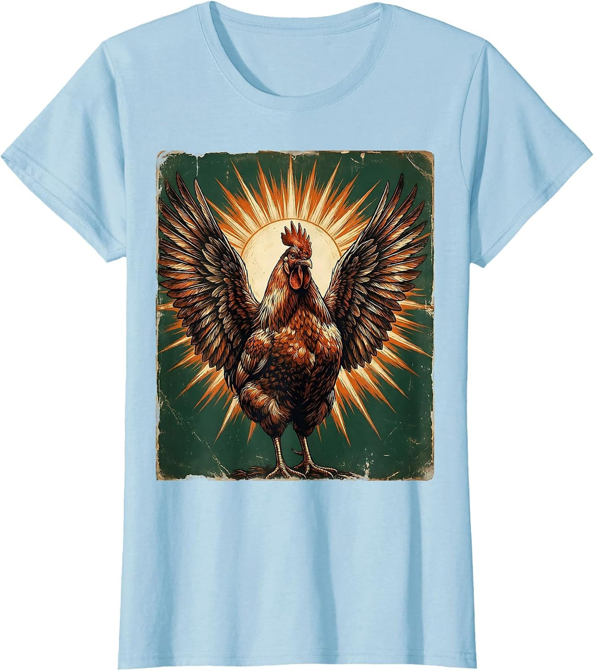 Hen Wings Spread Sun Chicken Art Design T-Shirt - Baby Blue