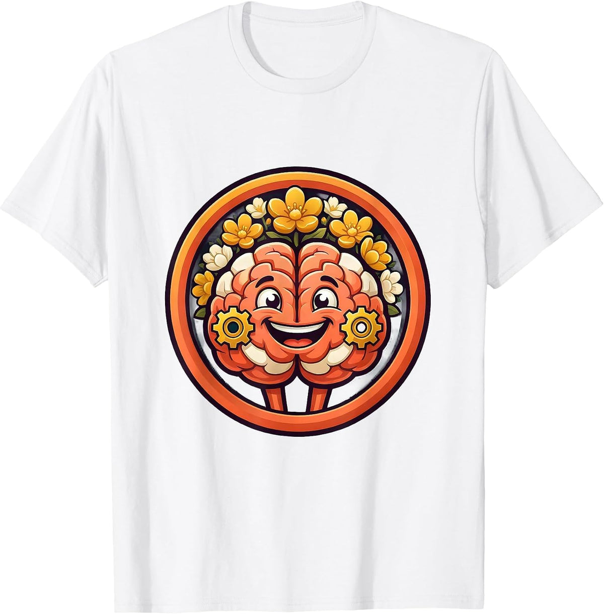 Men's School Counselor Brain Gears and Flowers Graphic T-Shirt - White
