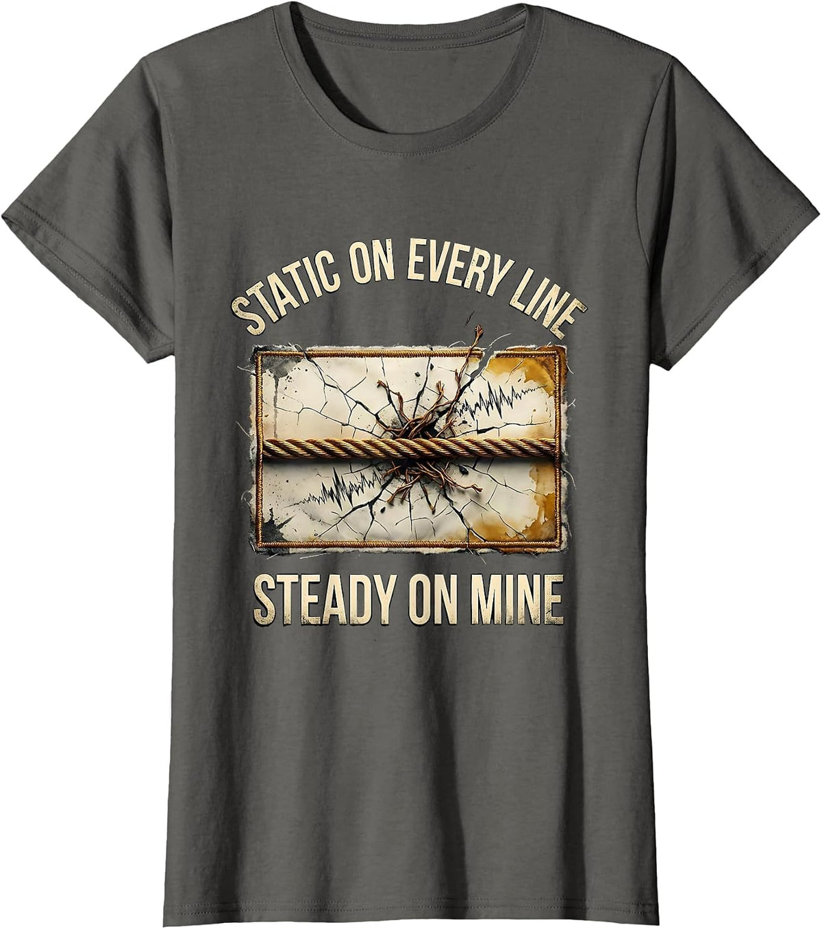 Women's Static On Every Line Steady On Mine Distressed 911 T-Shirt - Asphalt Grey