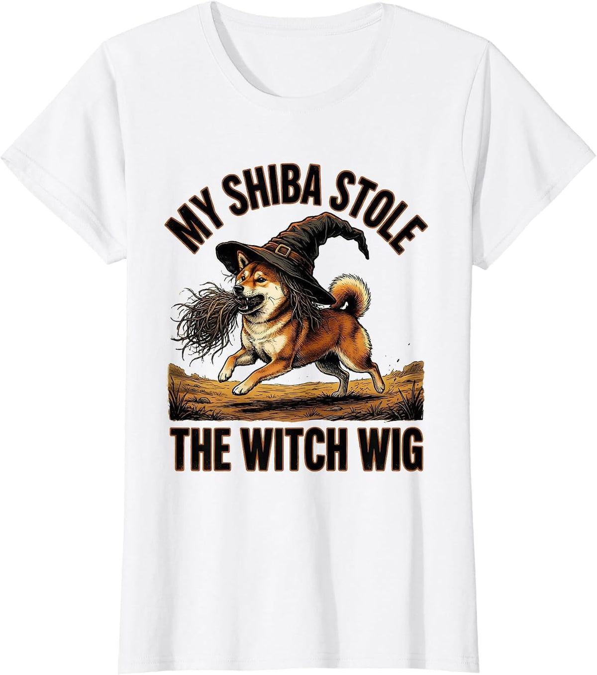 My Shiba Stole The Witch Wig Funny Dog Lover Halloween T-Shirt - White
