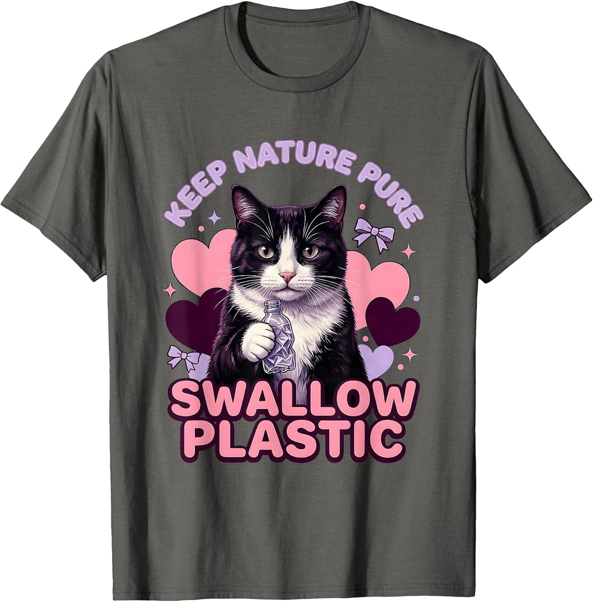Keep Nature Pure Swallow Plastic Cute Cat Meme Absurdist T-Shirt - Asphalt Grey