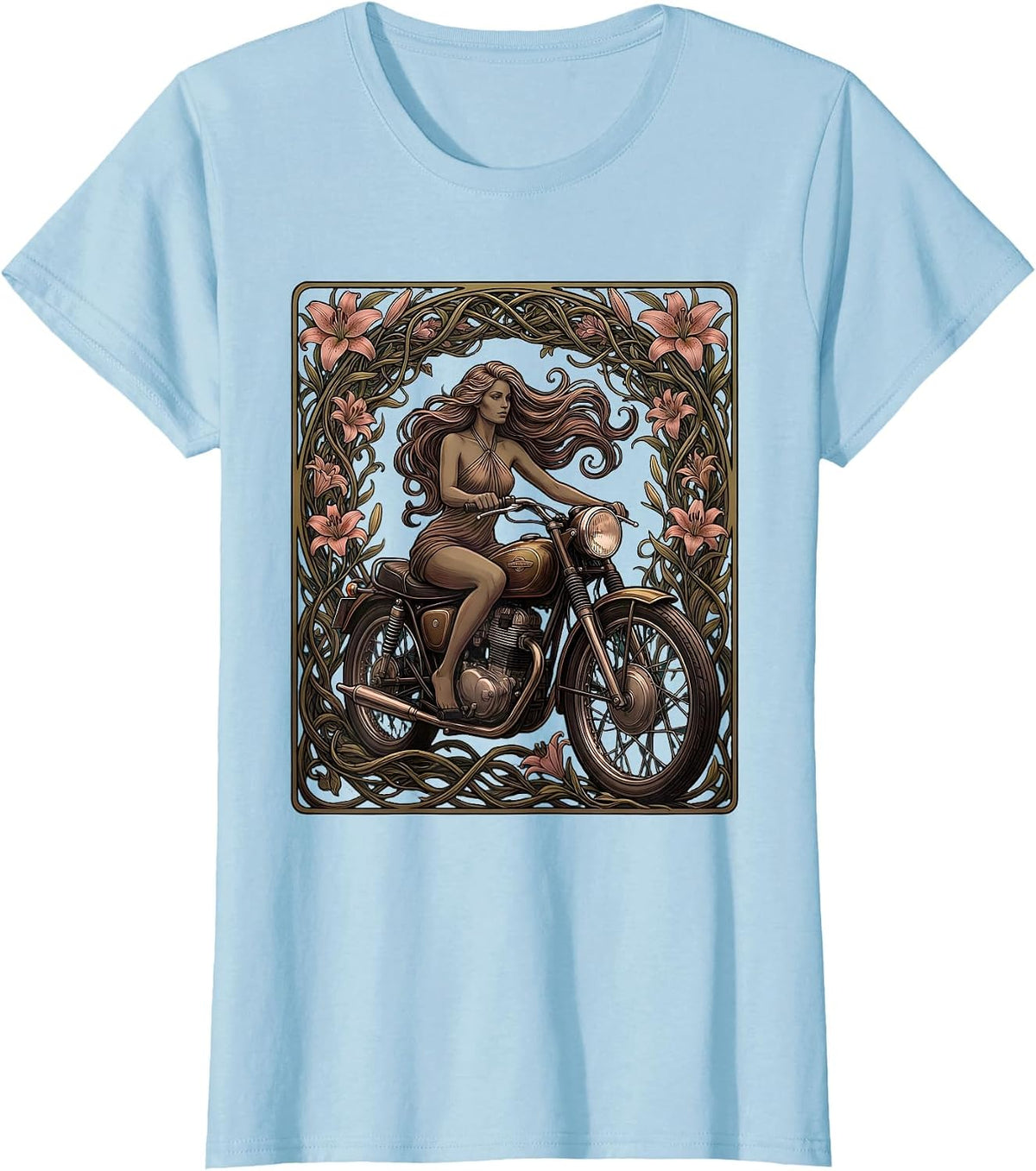 70s Biker Babe Halter Top Motorcycle Illustration T-Shirt - Baby Blue
