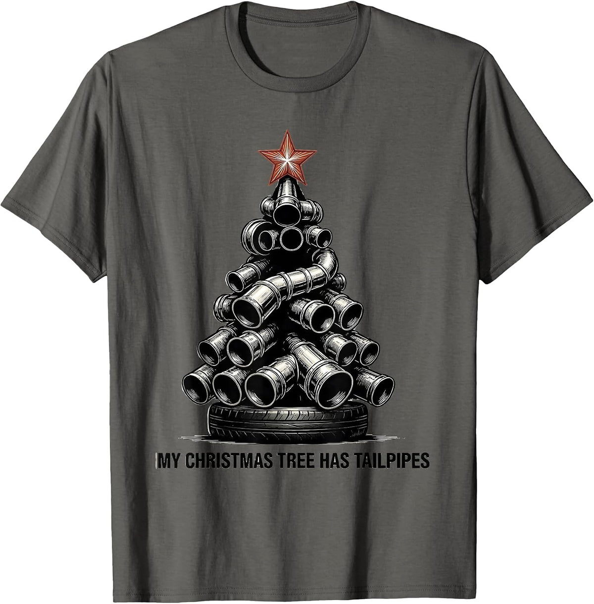 Men's My Christmas Tree Has Tailpipes Funny Muscle Car Racing T-Shirt - Asphalt Grey