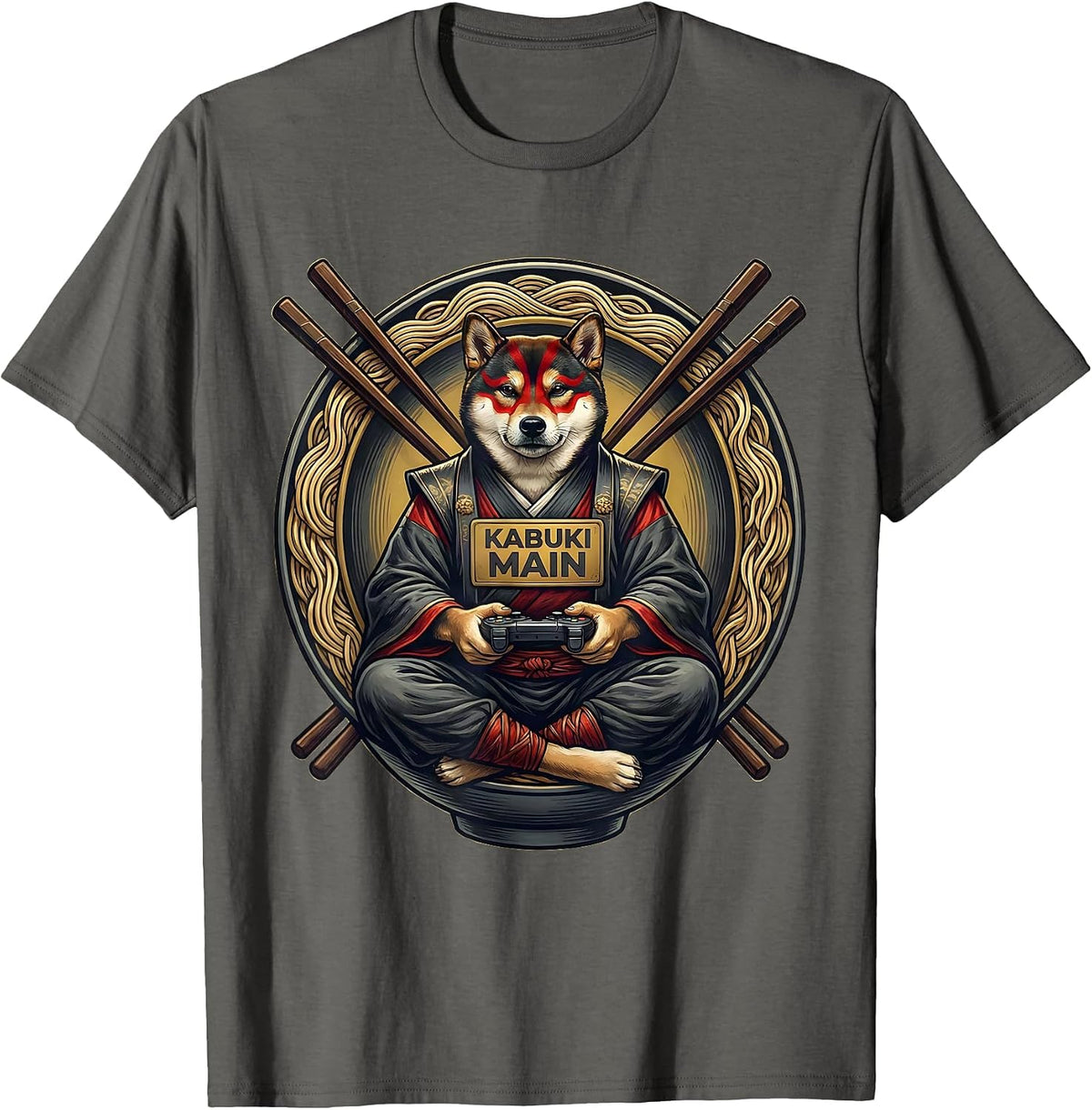 kabuki main Funny Anime Cat Gamer Ramen Bowl Emblem T-Shirt - Asphalt Grey