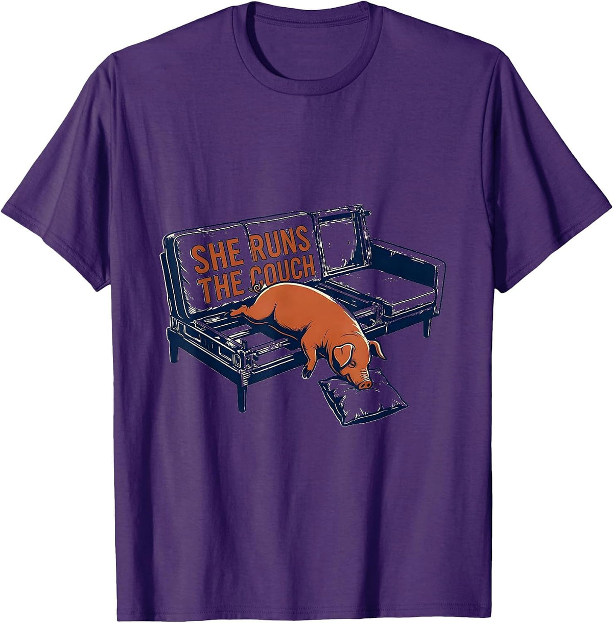 Men's She Runs The Couch Funny Pig Lover Farm Animal Humor T-Shirt - Purple