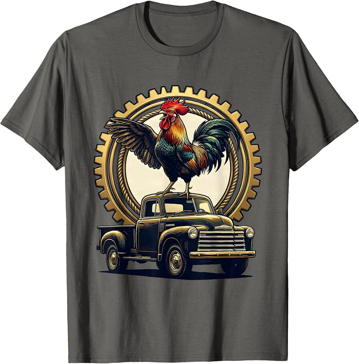 Men's Rooster Crowing Atop Old Pickup Truck T-Shirt - Asphalt Grey