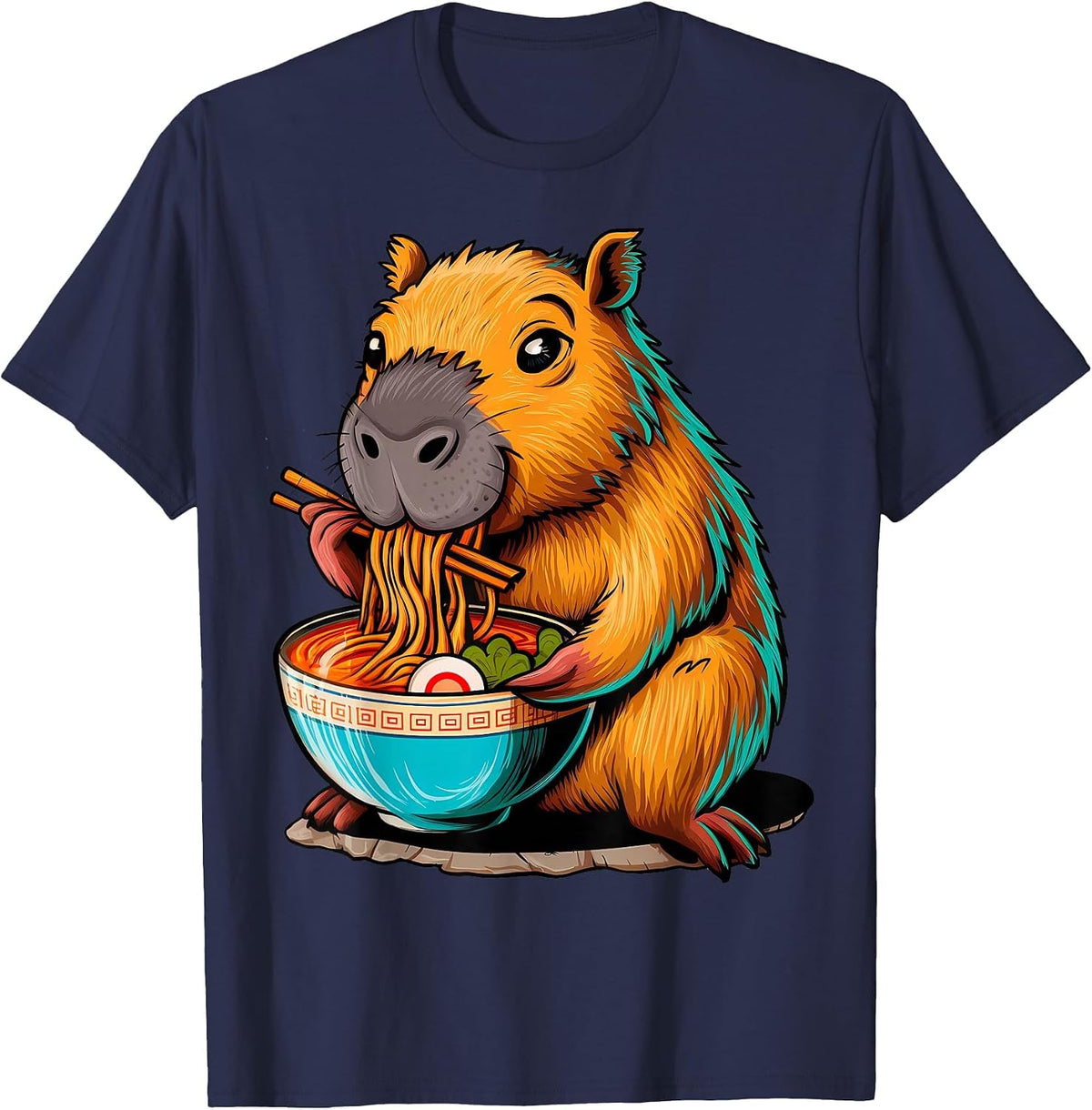 Cute Kawaii Capybara Eating Japanese Ramen Noodles Anime T-Shirt - Navy Blue