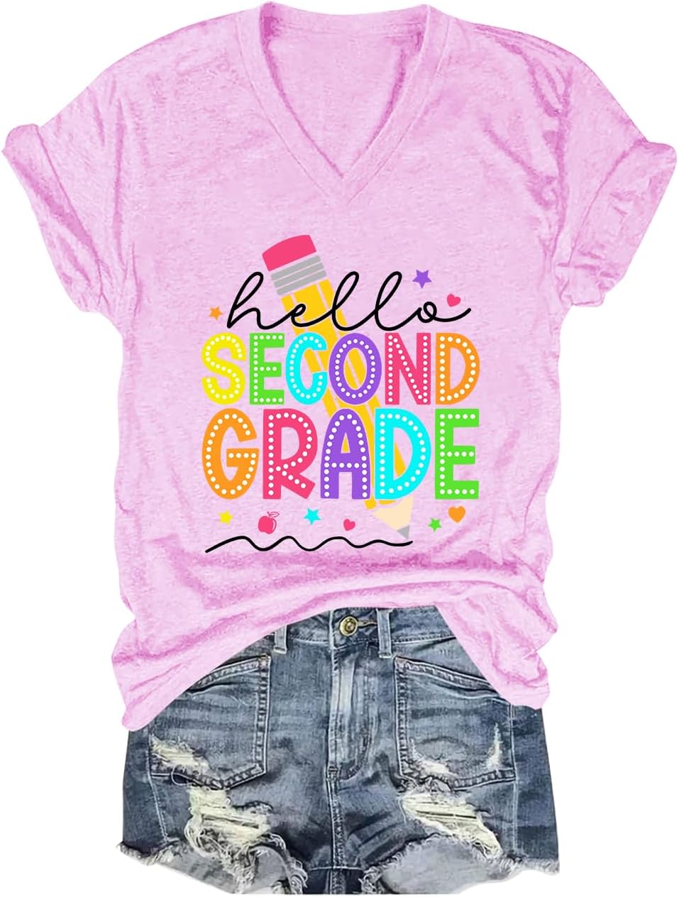 Hello Second Grade Shirt Funny Back to School Teacher T-Shirt - V-Neck Pink-1