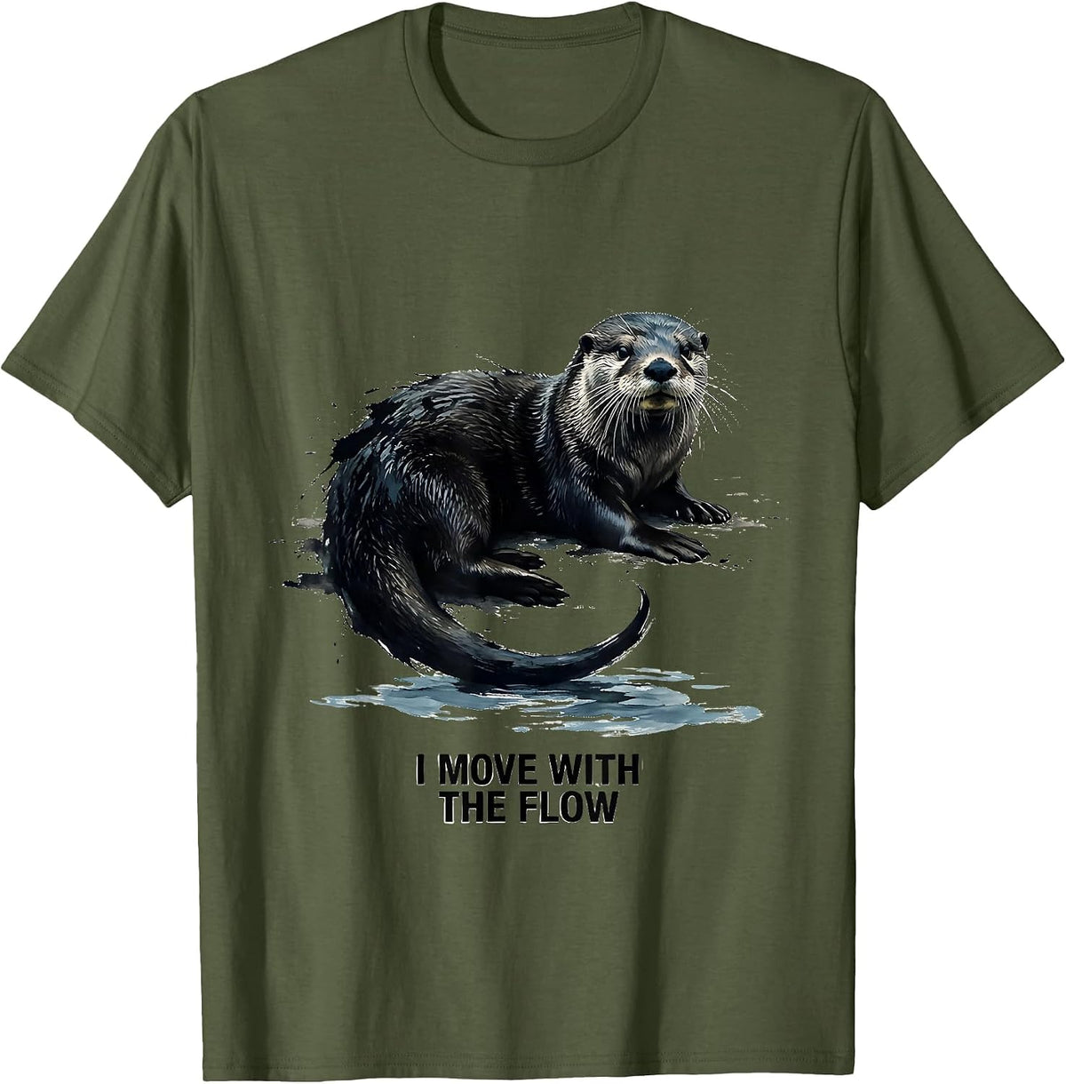 I Move With The Flow Ink Brush Sea Otter Nature Humor T-Shirt - Olive Green