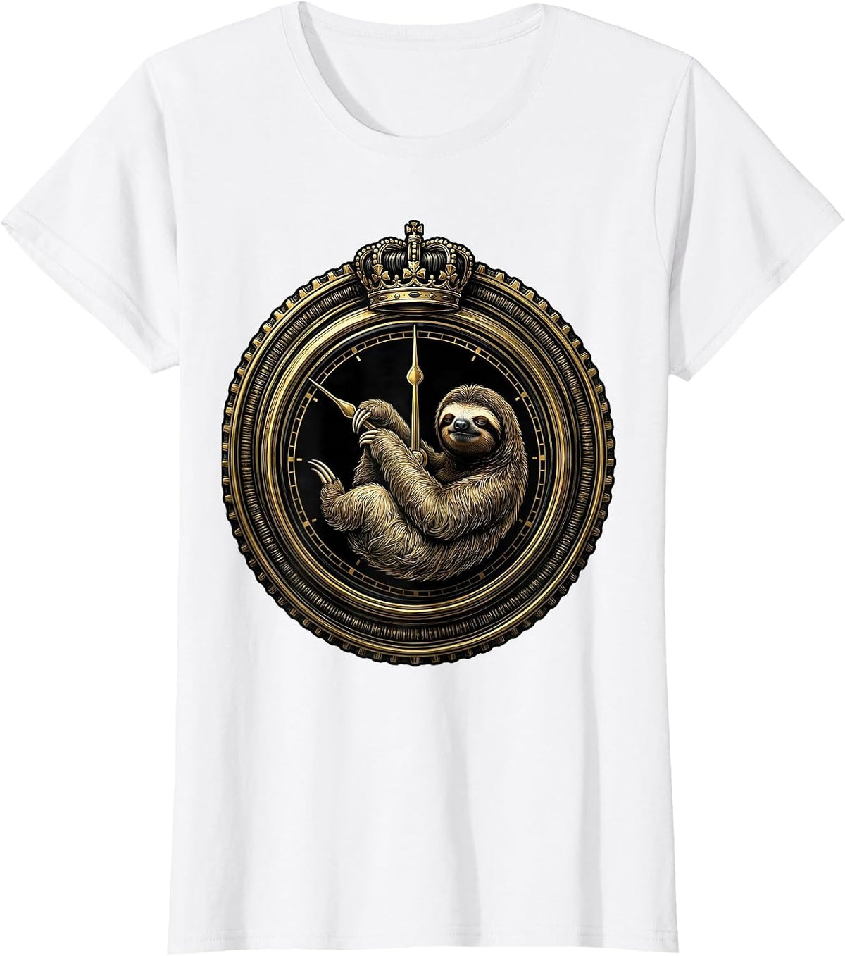 Women's Lazy Sloth Hanging From Midnight Clock Hands T-Shirt - White