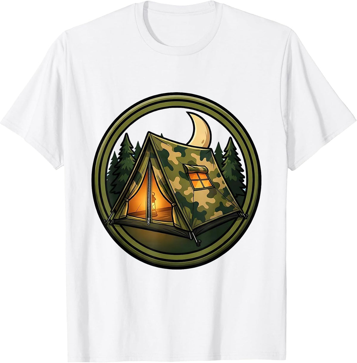 Men's Camo Tent Glowing Lantern Light Camping Graphic T-Shirt - White