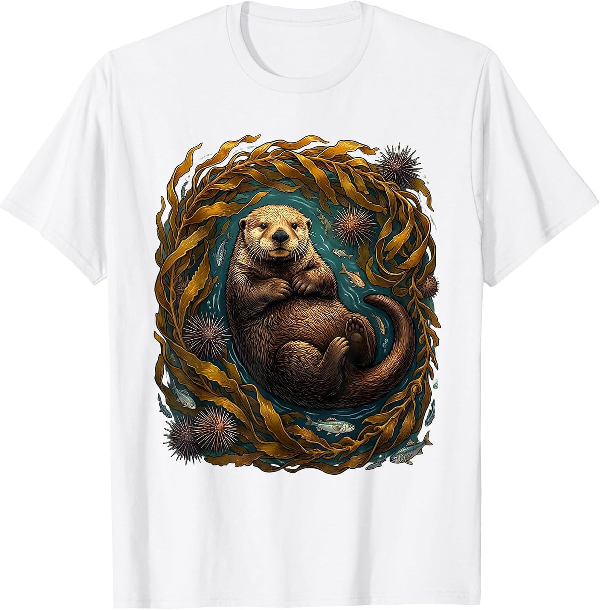 Men's Sea Otter Swirling Kelp Forest Illustration T-Shirt - White