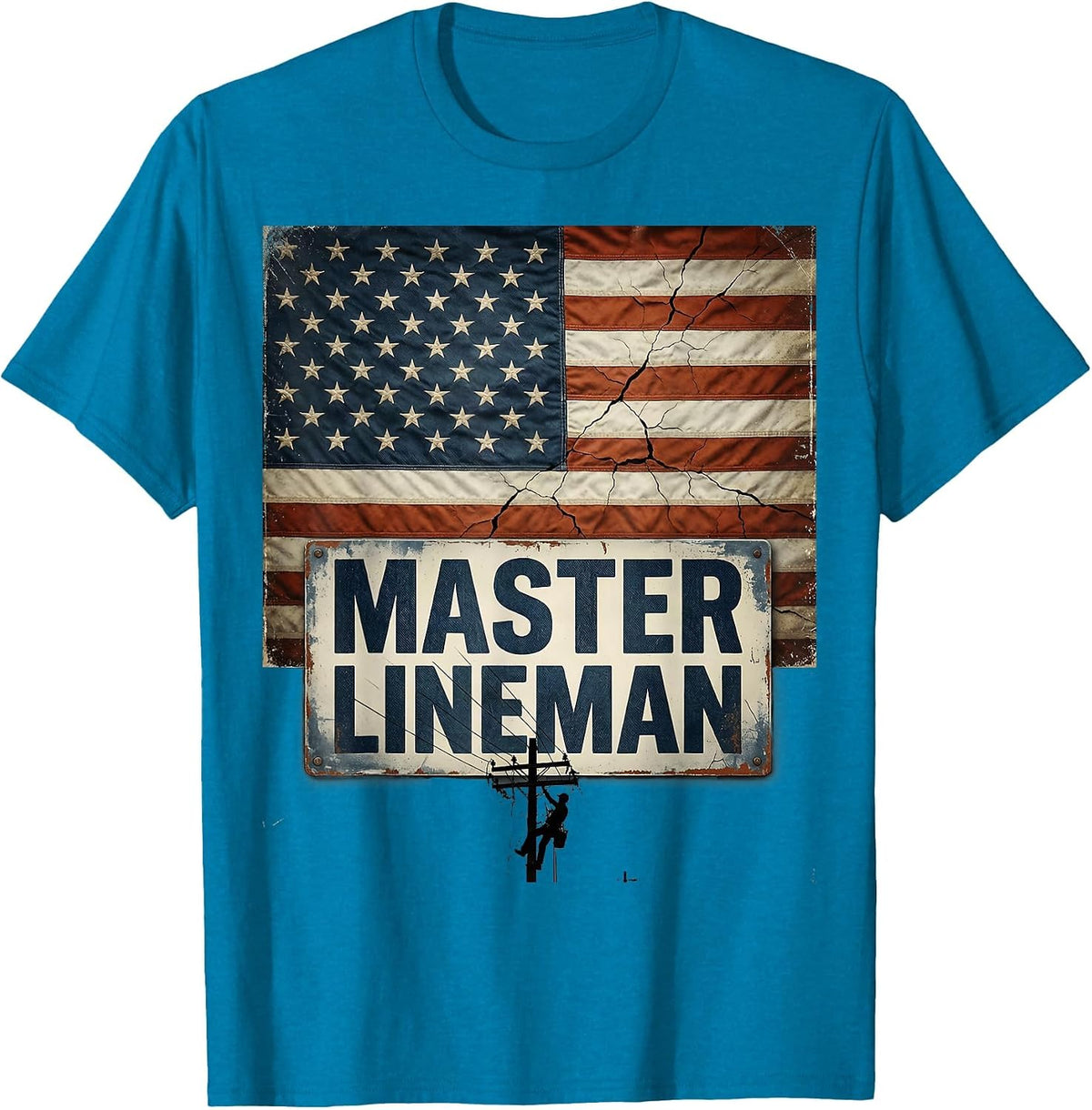 Master Lineman Distressed American Flag Lineman Workwear T-Shirt - Sapphire Blue