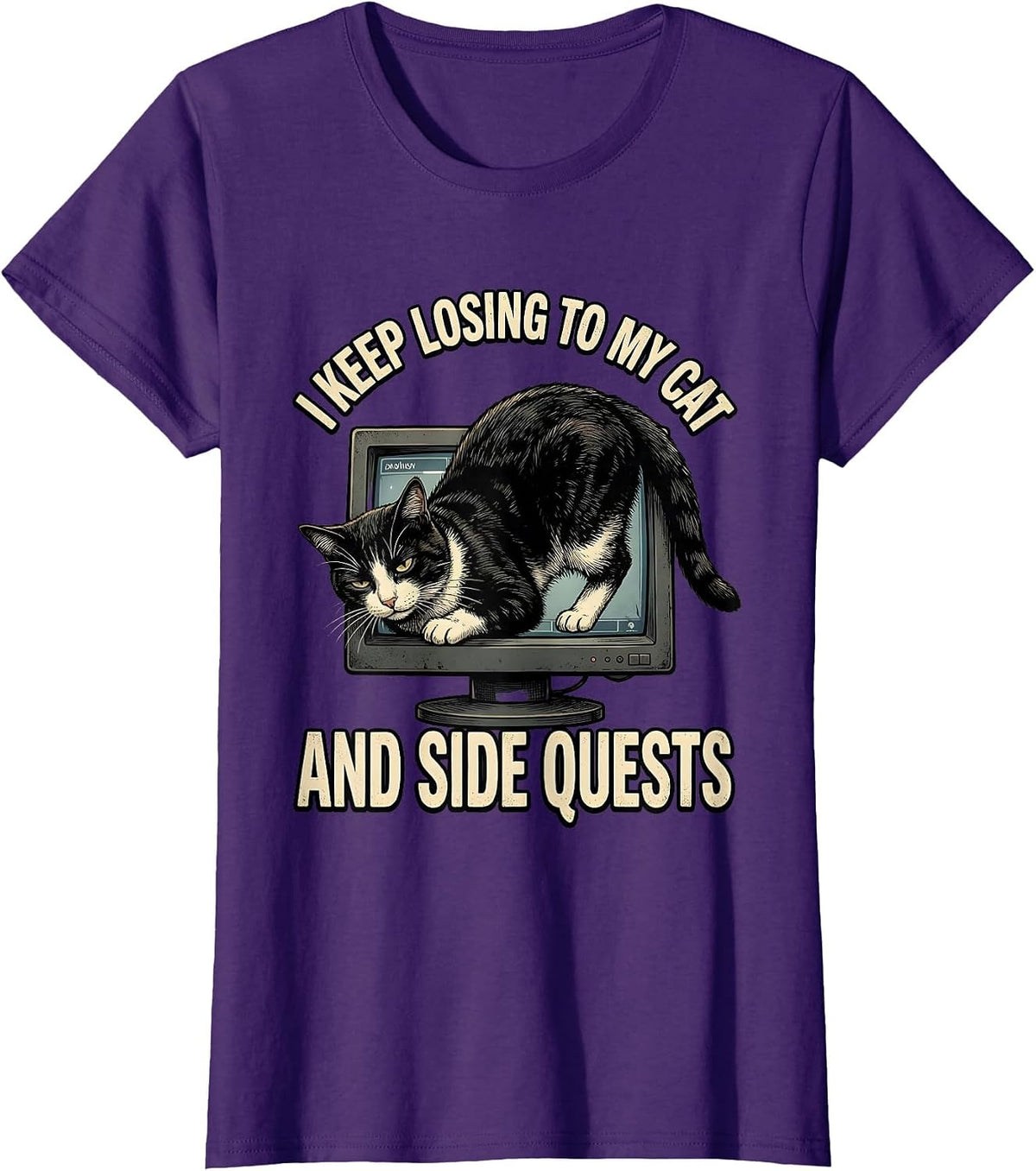 Women's I Keep Losing To My Cat And Side Quests Funny Gamer Cat T-Shirt - Purple