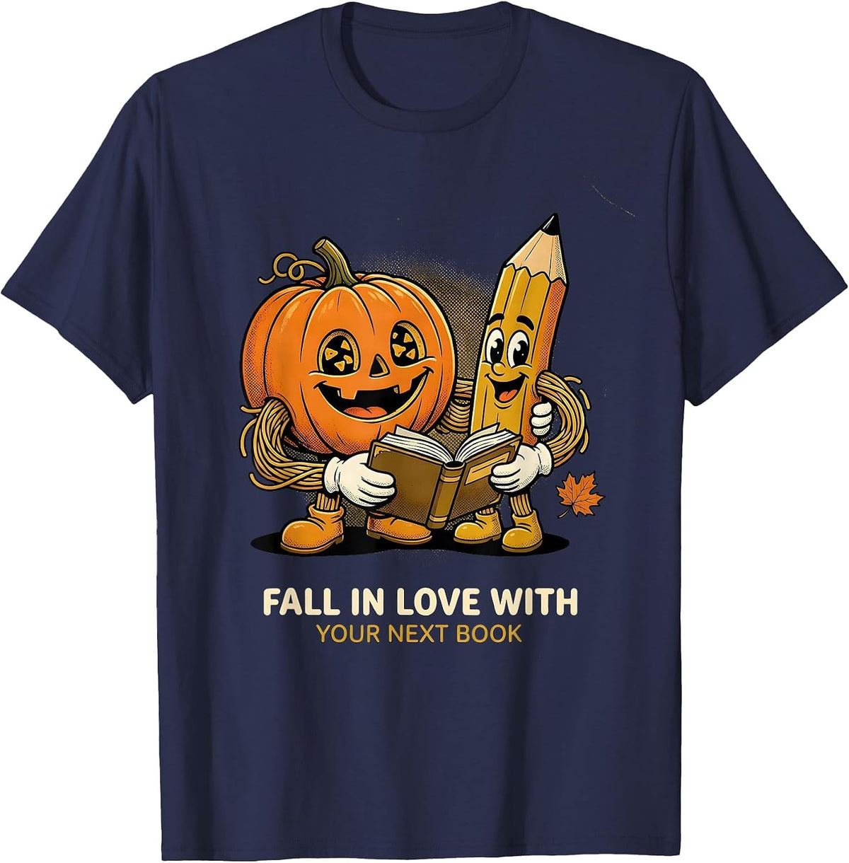 Fall In Love With Your Next Book Retro Cartoon Teacher Book T-Shirt - Navy Blue