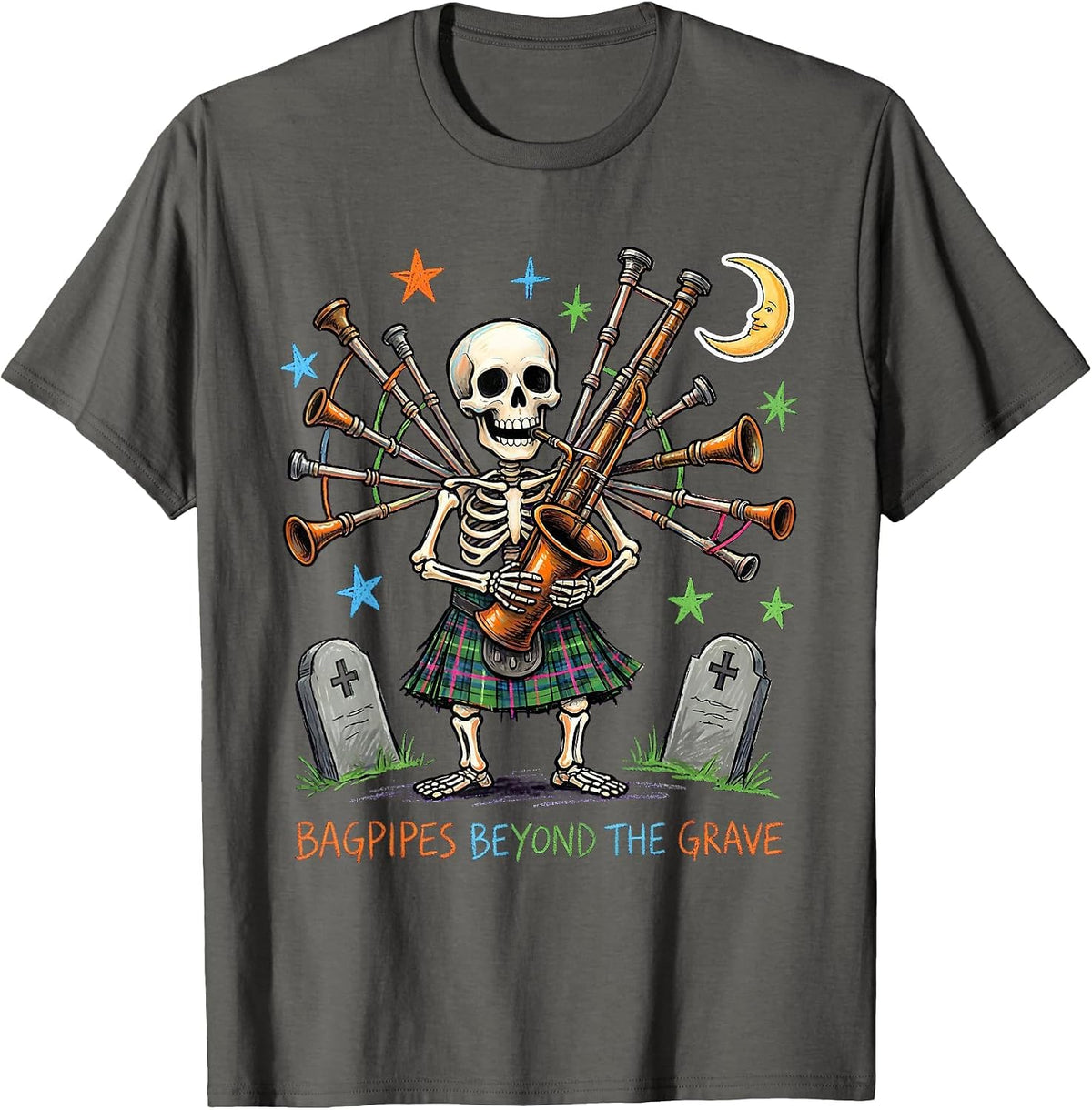 Men's Halloween Skeleton Bagpiper Scottish Design T-Shirt - Asphalt Grey