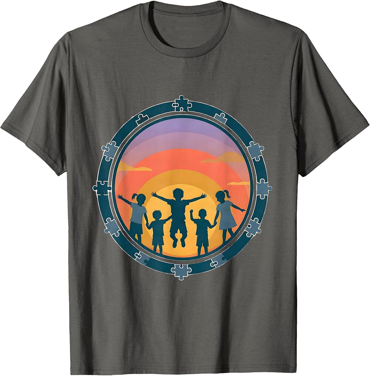 Men's Autism Awareness Diverse Children Sunset Silhouette T-Shirt - Asphalt Grey