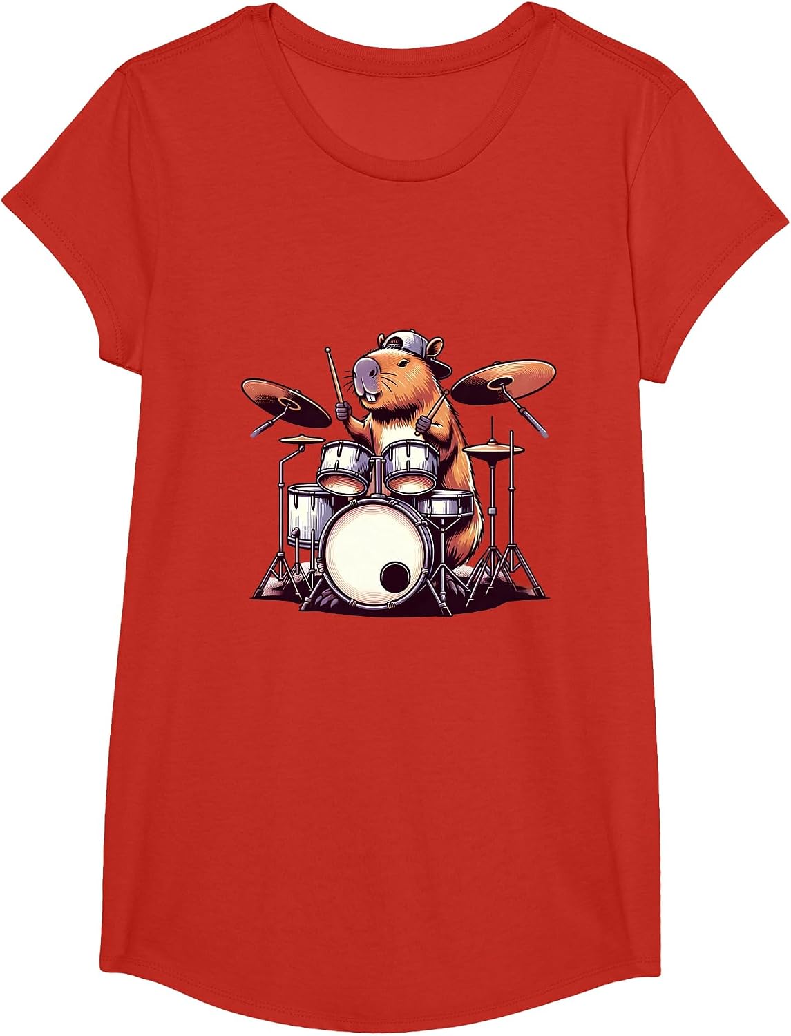 Capybara Playing Drums Drumming Lover Graphic Funny Drummer T-Shirt - Girls Red