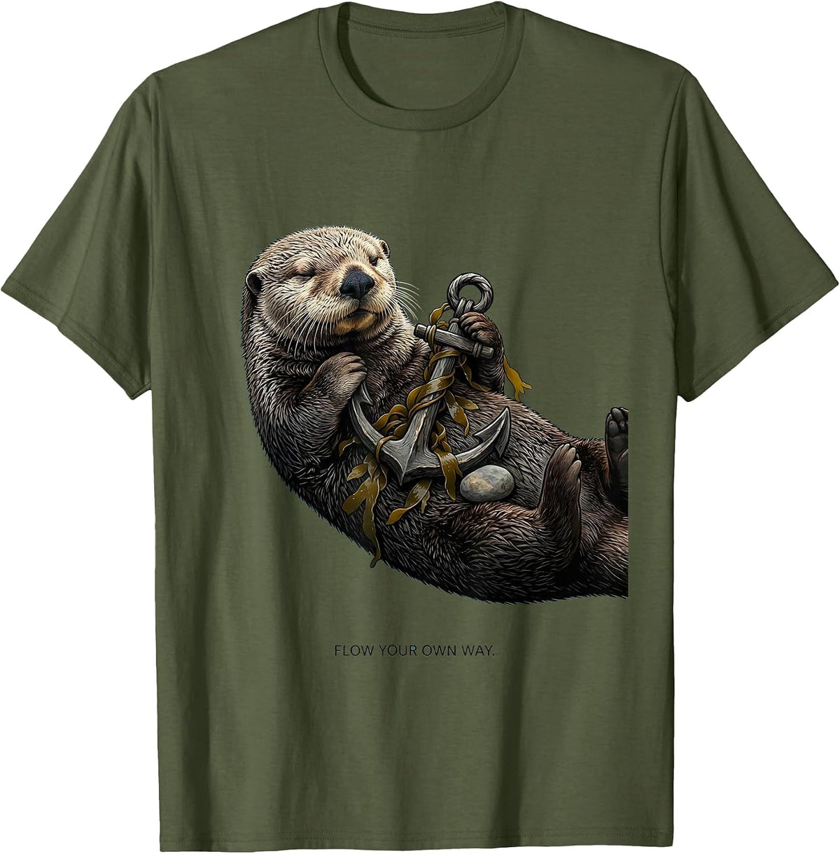 Men's Flow Your Own Way Funny Sea Otter Animal Lover Back To T-Shirt - Olive Green