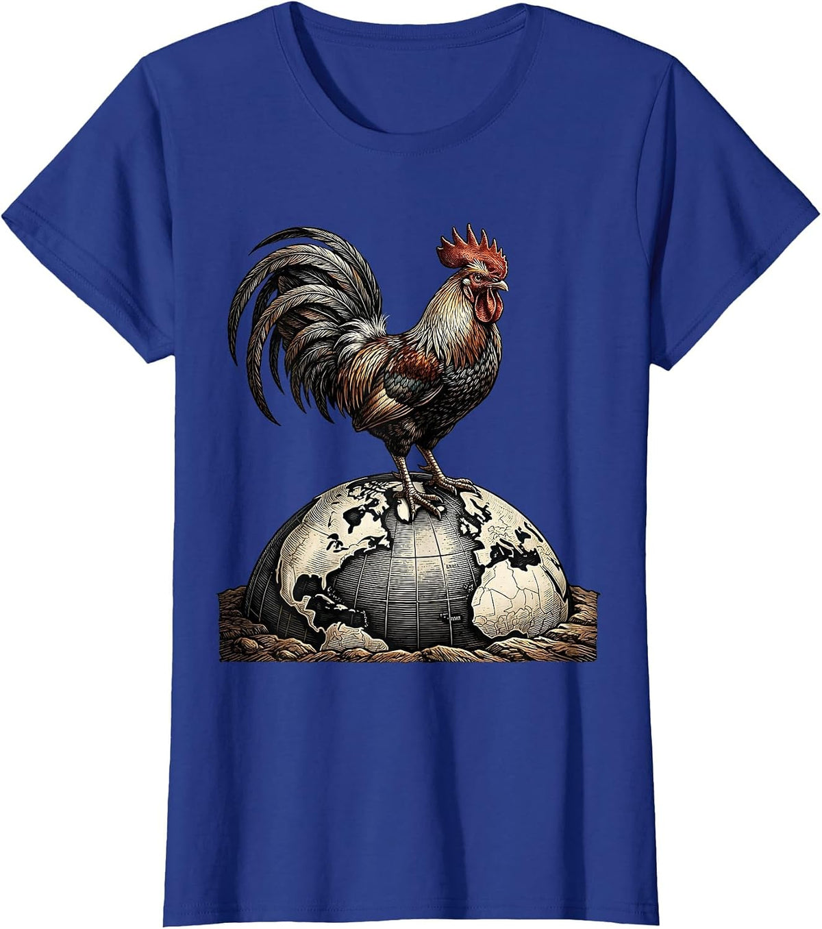 Women's Rooster on the Globe Graphic Design T-Shirt - Royal Blue