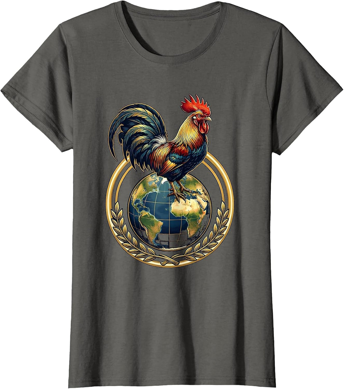 Women's Rooster Ruling the World Globe Graphic T-Shirt - Asphalt Grey