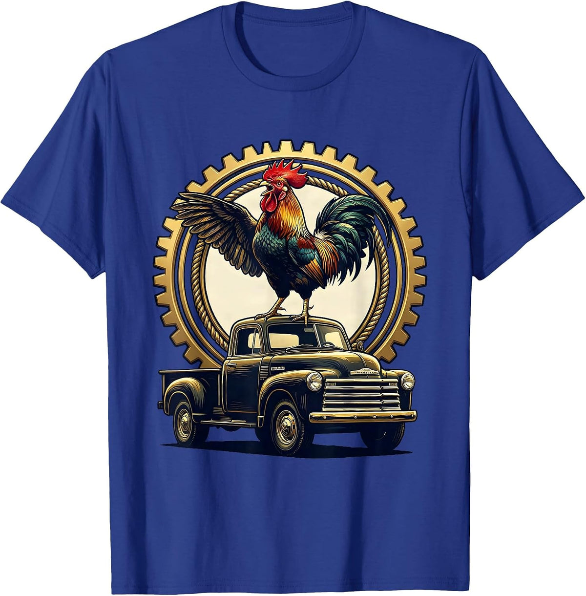 Men's Rooster Crowing Atop Old Pickup Truck T-Shirt - Royal Blue