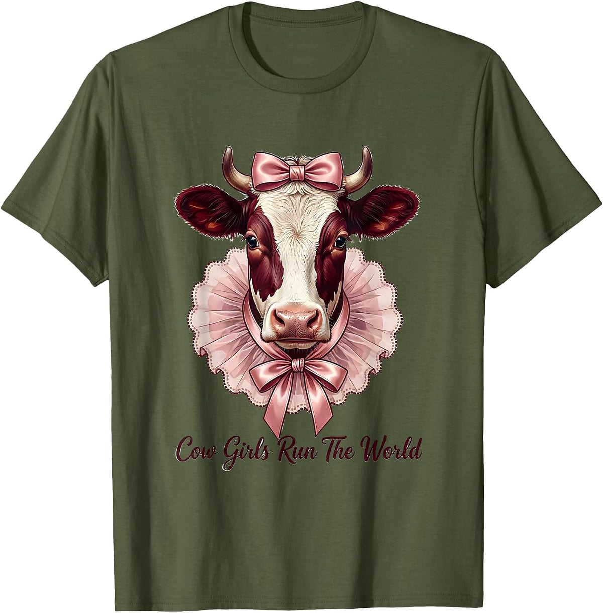 Men's Cow Girls Run The World Cattle Ranch Design T-Shirt - Olive Green
