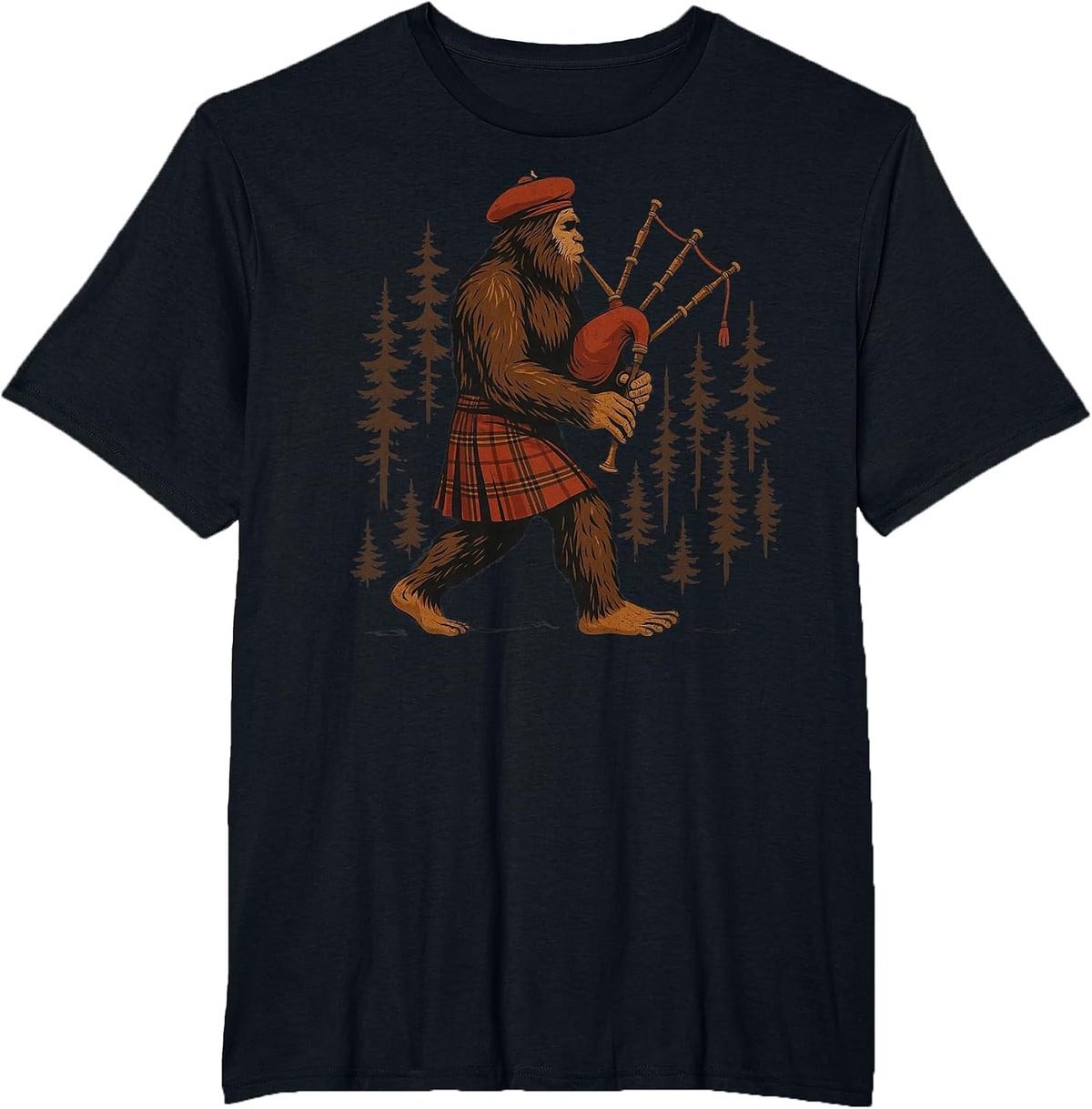 Legendary Sasquatch Bagpipes in Kilts Through Forests T-Shirt - Black