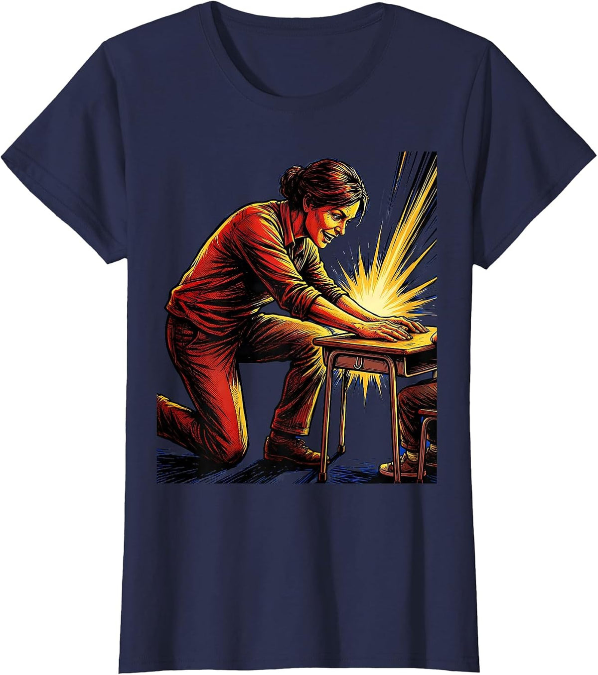 Women's SPED Teacher Kneeling at Student Desk Illustration T-Shirt - Navy Blue