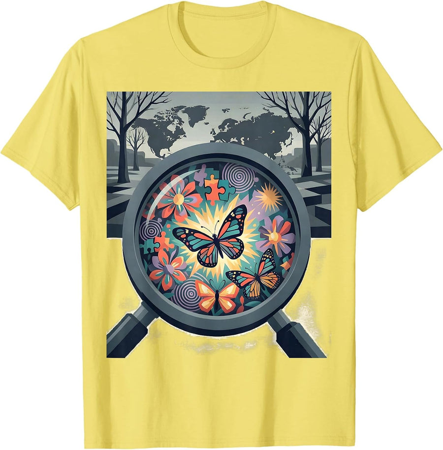 Men's Autism Awareness Hidden World Magnifying Glass T-Shirt - Lemon Yellow