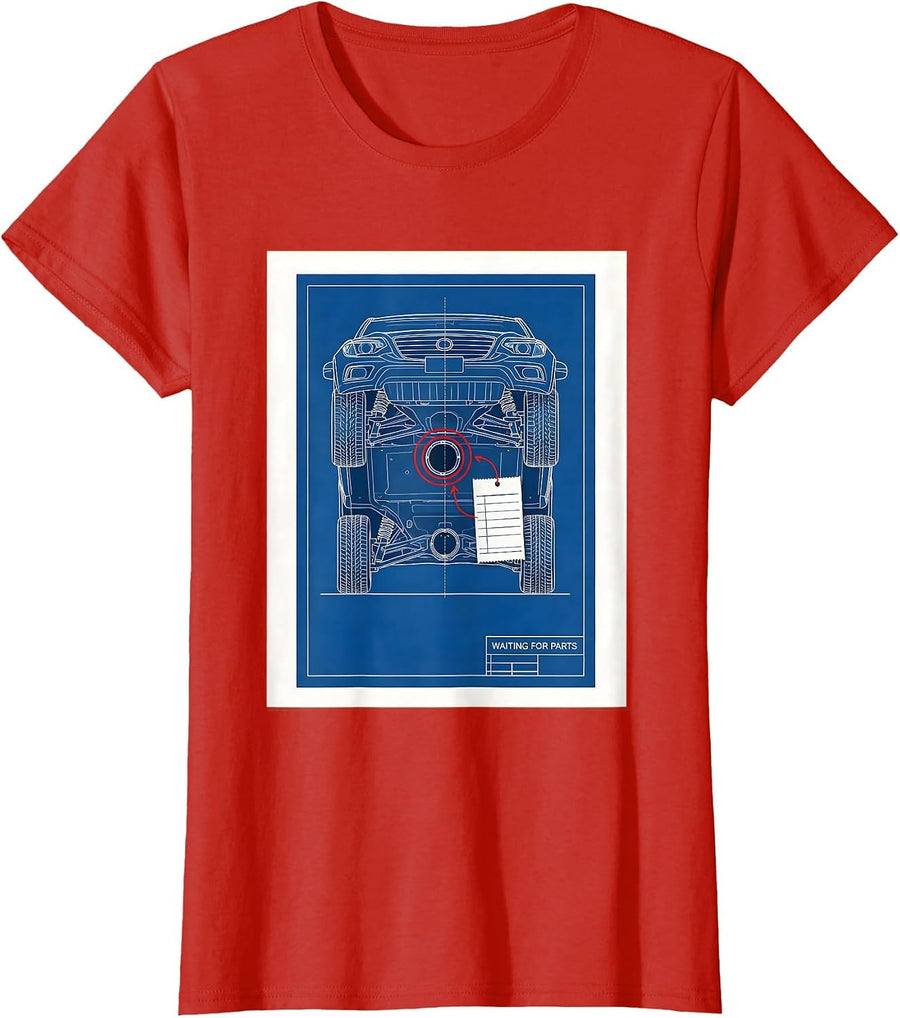 Women's Waiting For Parts Technical Blueprint Mechanic Skeleton Auto T-Shirt - Red