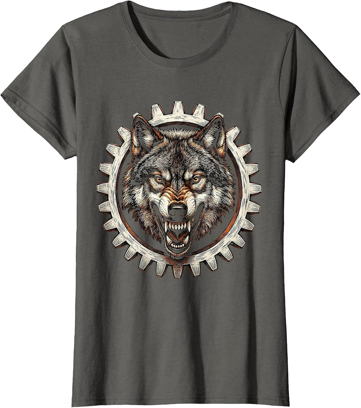 Women's Wolf Head Motorcycle Sprocket Gear Graphic T-Shirt - Asphalt Grey